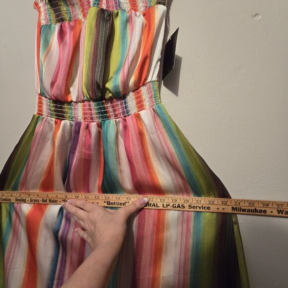 Boston Proper NWT Rainbow Stripe Maxi Dress Womens SM Tie Neck Colorful Boho - Picture 10 of 16